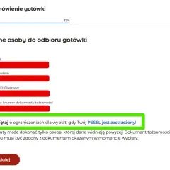 Formularz zamówienia gotówki. Pole na PESEL/Paszport. Pamiętaj o ograniczeniach dla wypłat, gdy Twój PESEL jest zastrzeżony!