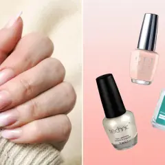 Vackra, naturliga naglar med en fransk manikyr som påminner om Hailey Biebers naglar. Tre nagellackflaskor syns bredvid.
