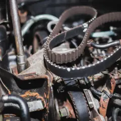 Widok silnika samochodowego z widocznym zerwanym paskiem rozrządu. Rdza i zużycie sugerują potrzebę naprawy.