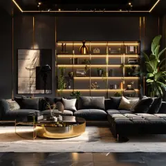 Luxuriöses Wohnzimmer mit schwarzer Wand gestalten. Goldene Akzente und Beleuchtung setzen die Regale in Szene. Ein großes Sofa lädt zum Entspannen ein.