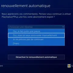 Écran de désactivation du renouvellement automatique d'abonnement PlayStation. L'utilisateur choisit de renouveler manuellement.