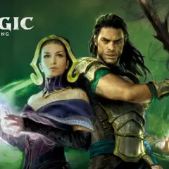 Deux personnages de la série Magic the Gathering, une femme lançant un sort lumineux et un guerrier armé d'une épée.