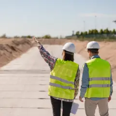 Dwie osoby w kamizelkach odblaskowych i kaskach stoją na budowie, jedna wskazuje ręką drogę.