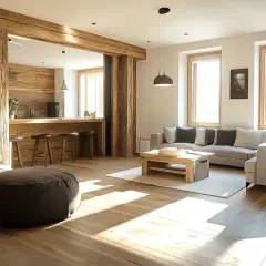 Rustikale Holzbalken und Dielen schaffen ein warmes Ambiente. Ein gemütliches Sofa und ein Holztisch passen perfekt zu diesem Stil, der zeigt, was zu Eiche rustikal passt.