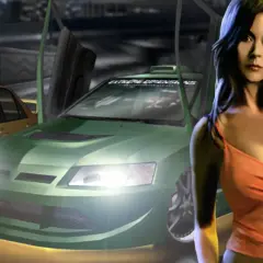Ein grüner Mitsubishi Evo mit Flügeltüren und ein gelber Lexus IS stehen bereit für ein Rennen. Eine Frau im orangefarbenen Top posiert daneben. Ein Blick auf den **underground 2 remake**.