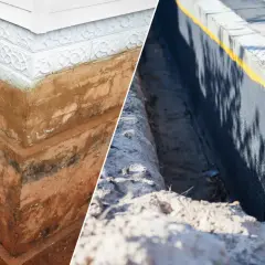 Porównanie: stary, wilgotny fundament z widoczną warstwą ziemi obok nowej, czarnej hydroizolacji. Jaka izolacja na fundament jest kluczowa.