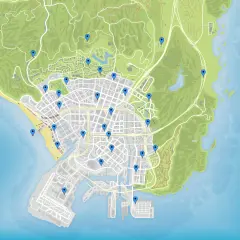 Übersicht der GTA 5 Karte mit vielen blauen Markierungen, die wichtige Orte in Los Santos und Umgebung anzeigen.