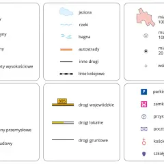Oznaczenia na mapie zasadniczej: kolory gór, wyżyn, nizin, łąk, lasów, terenów przemysłowych, zabudowy, a także symbole dróg, miast, wsi i innych obiektów.