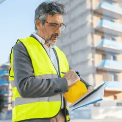 Mężczyzna w kamizelce odblaskowej i kasku trzyma notes na tle budowy.