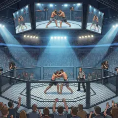 Emocjonująca gala UFC w pełnej klatce. Tłum kibiców szaleje, a zawodnicy walczą na śmierć i życie. Na ekranach widać powtórki akcji.