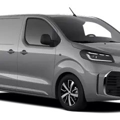 Srebrny Toyota Proace, nowoczesny van dostawczy z charakterystycznym grillem i światłami LED, gotowy do pracy.