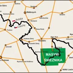 Mapa przedstawia sieć dróg i miast w rejonie Masywu Śnieżnika, łącząc polskie i czeskie miejscowości.