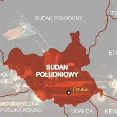 Mapa Afryki. Sudan Południowy, zaznaczony na czerwono, leży między Sudanem Północnym a Ugandą i Kenią.