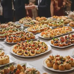 Stół uginający się od przekąsek w stylu a la carte: tartaletki, kanapeczki i mini quiche.