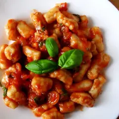 Pyszne gnocchi z sosem pomidorowym i świeżą bazylią na białym talerzu.