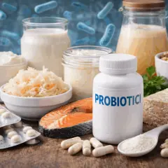 Alimenti fermentati, integratori e un flacone di probiotici per il gonfiore addominale.