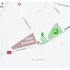 Mapa dojazdu na pokazy lotnicze Leszno. Parking P1 i teren pokazów blisko ul. Szybowników. Dojazd S5, 12.