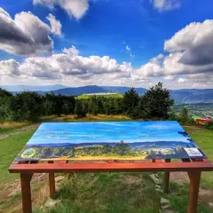 Widok z kiczera szlak na malowniczą panoramę Beskidu Sądeckiego. Tablica informacyjna pomaga zidentyfikować szczyty i miejscowości.