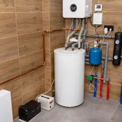 Kotłownia gazowa z bojlerem i osprzętem. Wymagania PPOŻ. spełnione dzięki odpowiedniej instalacji.