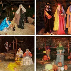 Escenas del belén viviente de Buitrago de Lozoya en Navidad. Figuras representando el nacimiento y la vida cotidiana.