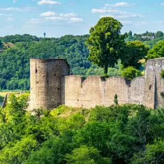 Ruinen der Burg Blankenberg thronen auf einem Hügel, umgeben von üppigem Grün. Ein historisches Zeugnis der Stadt Blankenberg.