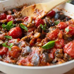 Un plat de caponata sicilienne mijoté, avec des aubergines, des tomates cerises et du basilic frais, prêt à être dégusté.