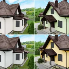 Cztery wizualizacje domu z brązowym dachem i różnymi kolorami elewacji.
