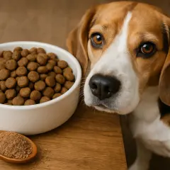 Beagle z zaciekawieniem patrzy na miskę karmy i łyżkę z mielonym siemieniem lnianym. Czy pies może jeść siemię lniane?