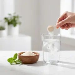 En hand häller kollagenpulver från en skopa ner i ett glas vatten. En skål med kollagen och mynta står bredvid.