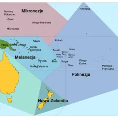 Mapa Pacyfiku z zaznaczonymi regionami: Azja, Mikronezja, Melanezja, Polinezja. Widać Australię, Nową Zelandię i wiele wysp. Gdzie leży Australia? Na południowej półkuli, na wschód od Azji.