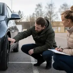 Man undersöker däcket på en BMW i3, kvinna skriver anteckningar. Ett potentiellt bmw i3 problem uppdagas.