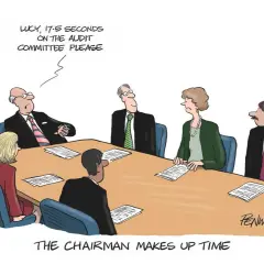 A chairman at a board meeting, addressing Lucy, requests 17.5 seconds on the audit committee, humorously implying time is being manipulated.