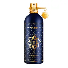 Granatowa butelka perfum Montale Infinity z złotymi zdobieniami i zawieszką.