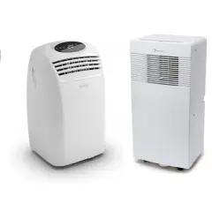 Comparativa: aire acondicionado portátil vs climatizador evaporativo. Cuatro unidades blancas de diferentes marcas, dispuestas en fila.