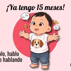 Un bebé de 15 meses, con camiseta de perro, dice "bla bla" y "hablo, hablo y sigo hablando".