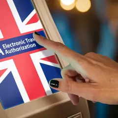 Dłoń dotyka ekranu z flagą Wielkiej Brytanii i napisem ETA Electronic Travel Authorization.