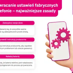 Przywracanie ustawień fabrycznych telefonu: zabezpiecz dane, sprawdź instrukcję, naładuj baterię. Zębatki na ekranie symbolizują proces.