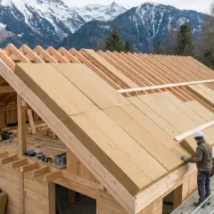 Travailleurs installant une isolation sur le toit d'une maison en bois, dans un paysage montagneux. L'isolation rampante assure le confort.