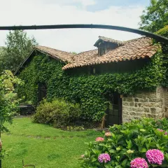 El molino de Cabuérniga, cubierto de hiedra, con un jardín florido y un camino de losas.