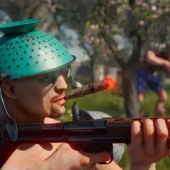 Gracz w Cuisine Royale z durszlakiem na głowie i cygarem w ustach celuje z karabinu.