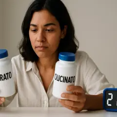 Donna indecisa tra magnesio citrato e glicinato, per capire a cosa serve e quale scegliere. L'orologio segna le 21:30.