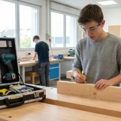 Un jeune homme concentré dessine des marques sur une planche de bois dans un atelier bricolage. Une mallette d'outils est ouverte à côté.