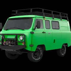 Zielony van UAZ z bagażnikiem dachowym i wyciągarką, gotowy na przygodę.