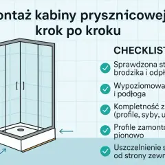 Ilustracja przedstawia montaż kabiny prysznicowej z brodzikiem. Na liście kontrolnej znajdują się punkty dotyczące stabilności, wypoziomowania i kompletności zestawu.