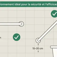 Schéma montrant les dimensions idéales pour les barres d'appui dans un wc pmr : 70-80 cm de hauteur pour une barre horizontale, 15-20 cm pour une barre inclinée.