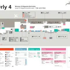 Plan du niveau 0 d'Orly 4, montrant les portes, les déposes bagages, les services et commerces pour faciliter votre transport à Orly Sud.