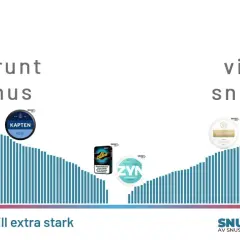 Grafisk snus styrka tabell visar bruna och vita snussorter från mild till extra stark. Exempel på märken syns.