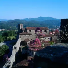 Panoramica di Castiglione di Garfagnana con il suo castello, le case con i tetti rossi e le montagne verdi sullo sfondo.