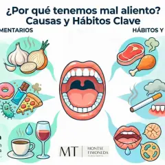 Ilustración sobre las causas del mal aliento, incluyendo alimentos como ajo y cebolla que provocan olor a caca en la boca, azúcares, grasas, alcohol, cafeína, exceso de proteína, tabaco y poca saliva.
