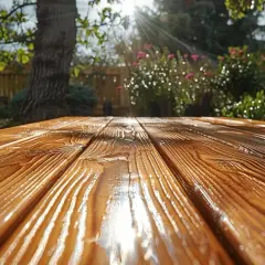 Table en bois fraîchement traitée avec une lasure, reflétant le soleil dans un jardin verdoyant.